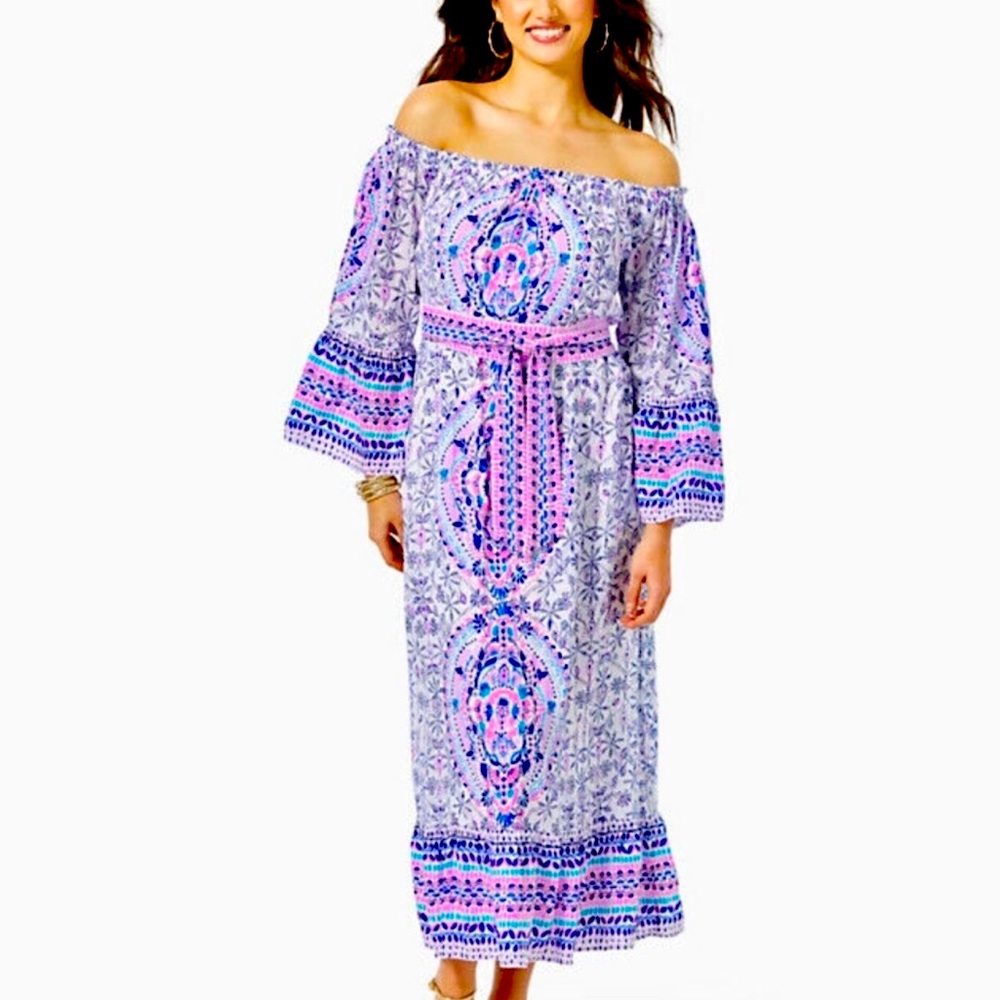 [Lilly Pulitzer] Abigale off the Shoulder Midi Dress in White Time to Shine